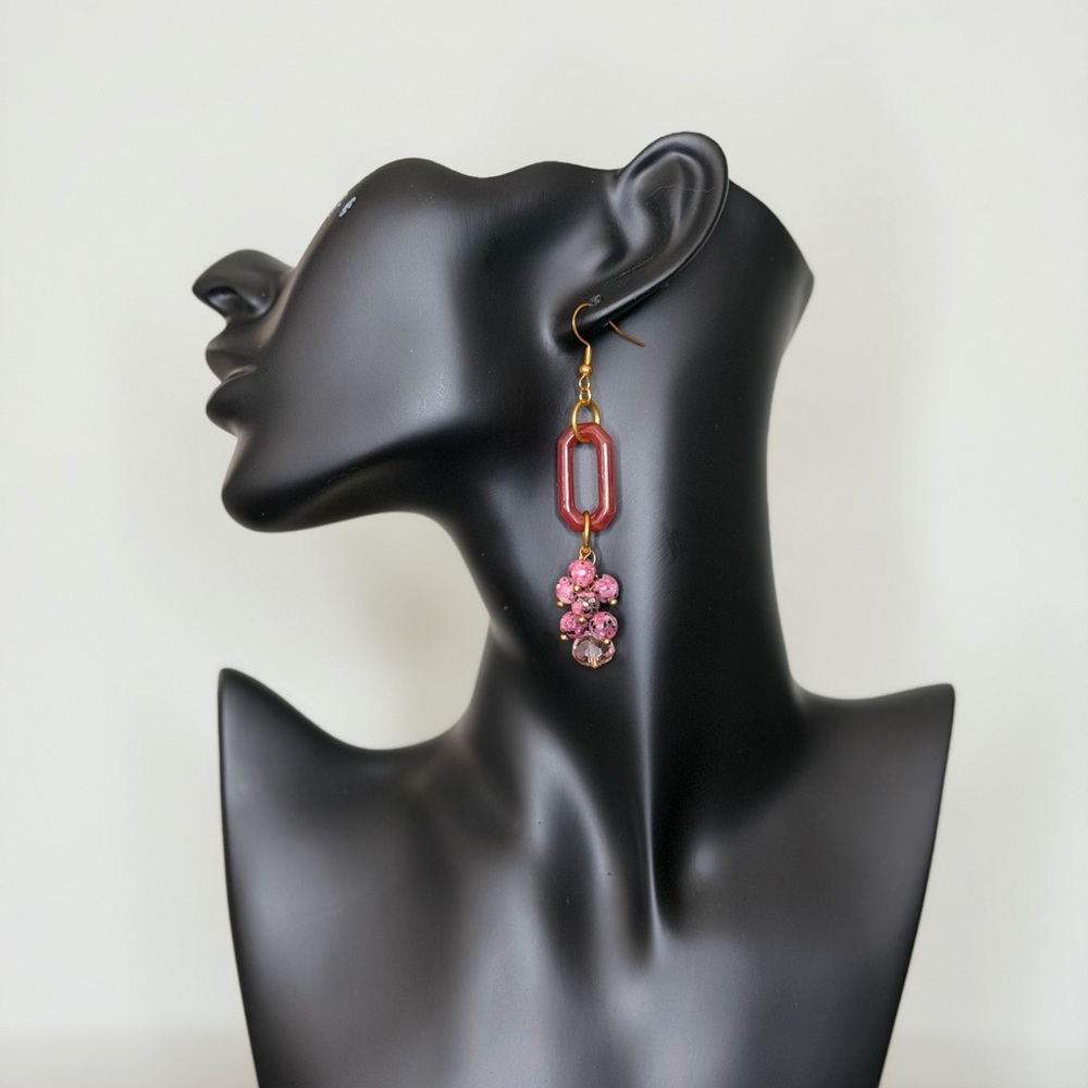 Vintage Red Czech Glass Earrings with Natural Stone and Crystal Dangle.
